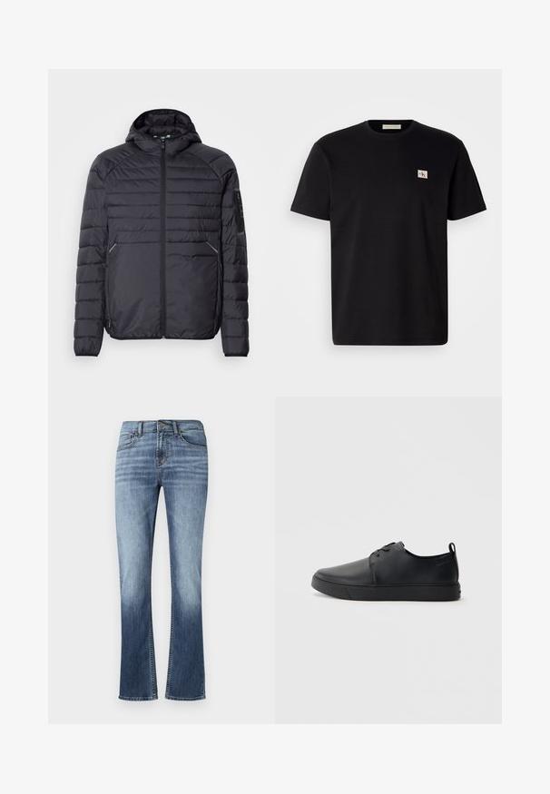 Juoda pūkinė striukė su užtrauktuku, gaubtu ir raukšlėtomis rankogaliais. Yra skyrių dizainas ir šoninės kišenės, pagaminta iš lengvos sintetinės medžiagos.; Juodas medvilnės marškinėliai su trumpomis rankovėmis, apvaliu kaklu ir mažu siuvinėtą logotipu kairėje krūtinės pusėje. Lygi tekstūra, reguliaraus kirpimo.; Mėlyni džinsai su plačiu kojų kirpimu, išblukusia apdaila, priekinėmis kišenėmis, diržo kilpomis ir bronziniu sagos uždarymu. Siuvimo kraštai.; Juodos odinės sportinės bateliai su lygiu paviršium, suapvalinta nosimi, toniniais siūlais, raištelių užsegimu priekyje ir plokščiu guminiu padu. Kilpelė ant kulno.