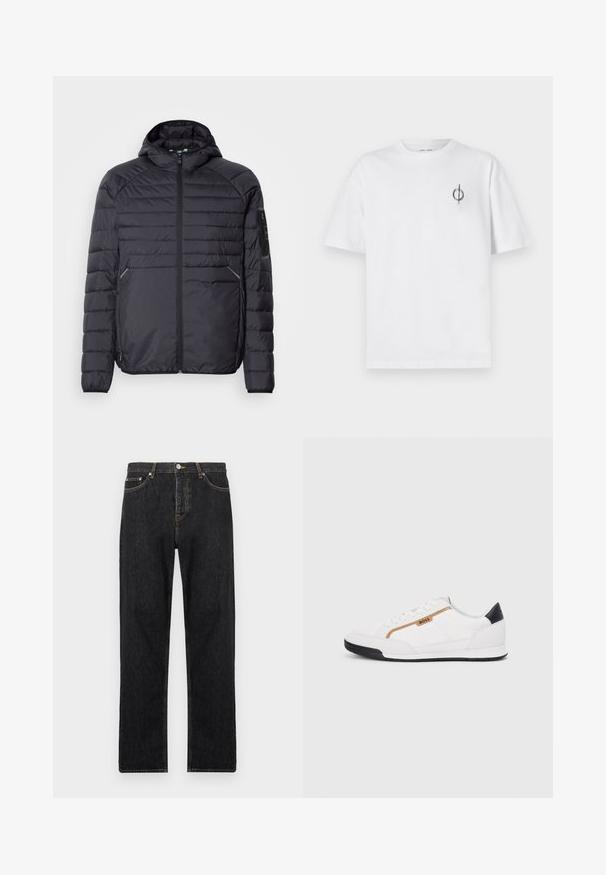 Musternäidisega must puhvjakas, millel on tõmblukk, kapuuts ja soonilised mansetid. Omab paneelstruktuuri ja küljetaskuid, valmistatud kergest sünteetilisest materjalist.; Valge puuvillane t-särk lõdva sobivusega, millel on vasakul rinnal väike must graafiline logo. Lühikesed varrukad, ümmargune kaelus.; Mustad teksad sirge lõikega, nuppude sulgemisega, viie taskuga ning peente õmblusteadetega õmbluste vahel.; Valged sportlikud jalatsid, millel on võrkkangas ja nahkdetailid. Omab kuldset "BOSS" logo, tekstureeritud külgpaneele ja musta kontsakaant. Kummist tallad.