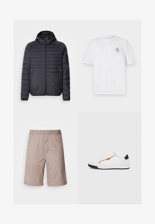 Musternäidisega must puhvjakas, millel on tõmblukk, kapuuts ja soonilised mansetid. Omab paneelstruktuuri ja küljetaskuid, valmistatud kergest sünteetilisest materjalist.; Valge puuvillane t-särk lõdva sobivusega, millel on vasakul rinnal väike must graafiline logo. Lühikesed varrukad, ümmargune kaelus.; Bežid šortsid elastse vööga, sile tekstuur, põlvekõrgune lõige ning ilma nähtavate mustrite või riistvarade detailideta.; Valged sportlikud jalatsid, millel on võrkkangas ja nahkdetailid. Omab kuldset "BOSS" logo, tekstureeritud külgpaneele ja musta kontsakaant. Kummist tallad.