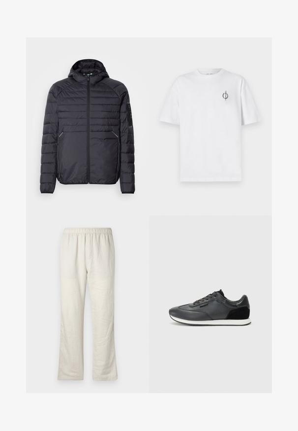 Zwarte pufferjack met ritssluiting, capuchon en geribbelde mouwen. Heeft een gestreept ontwerp en zijzakken, gemaakt van lichtgewicht synthetisch materiaal.; Witte katoenen t-shirt met een ontspannen pasvorm, voorzien van een klein zwart graphic logo op de linkerkant van de borst. Korte mouwen, ronde hals.; Beige lichtgewicht linnen broek met elastische tailleband, rechte pijpen en geen zichtbare zakken of sluitingen.; Zwarte sport sneakers met een leren bovenwerk, perforaties, suède accenten en een witte rubberen zool. Klassiek vetersluiting ontwerp.
