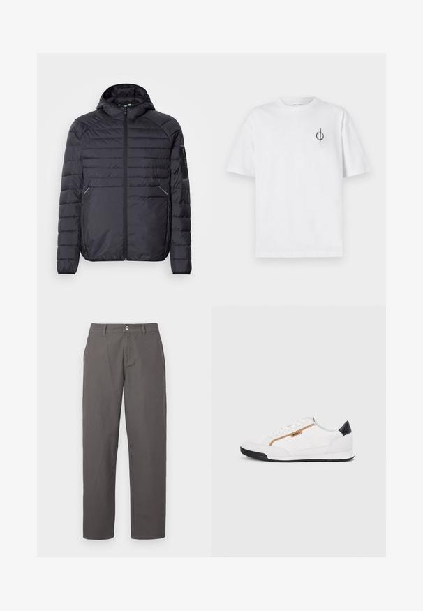 Svart puffjakke med glidelås, hette og ribbestrikkede mansjetter. Den har et paneloppsett og sidelommer, laget av lett syntetisk materiale.; Hvit bomull t-skjorte med avslappet passform, med en liten svart grafisk logo på venstre brystområde. Korte ermer, rund hals.; Grå bomullsbukser med rett ben-design, med knapp og glidelås foran, samt sidelommer. Glatt tekstur, uten mønster.; Hvite sporty sko med mesh- og lærdetaljer. Har en gull "BOSS"-logo, teksturerte sidepaneler og en svart hælbru. Gummisåle.
