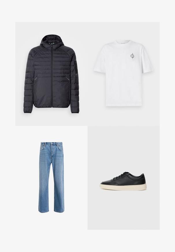 Svart puffjakke med glidelås, hette og ribbestrikkede mansjetter. Den har et paneloppsett og sidelommer, laget av lett syntetisk materiale.; Hvit bomull t-skjorte med avslappet passform, med en liten svart grafisk logo på venstre brystområde. Korte ermer, rund hals.; Lys blå denimjeans med rett ben-design, fem lommer, knappeåpning, minimal falming og kontrasterende sømdetaljer.; Svarte lavtopp lær sneakers med svarte snører og off-white såle vist i sidesyn på hvit bakgrunn.