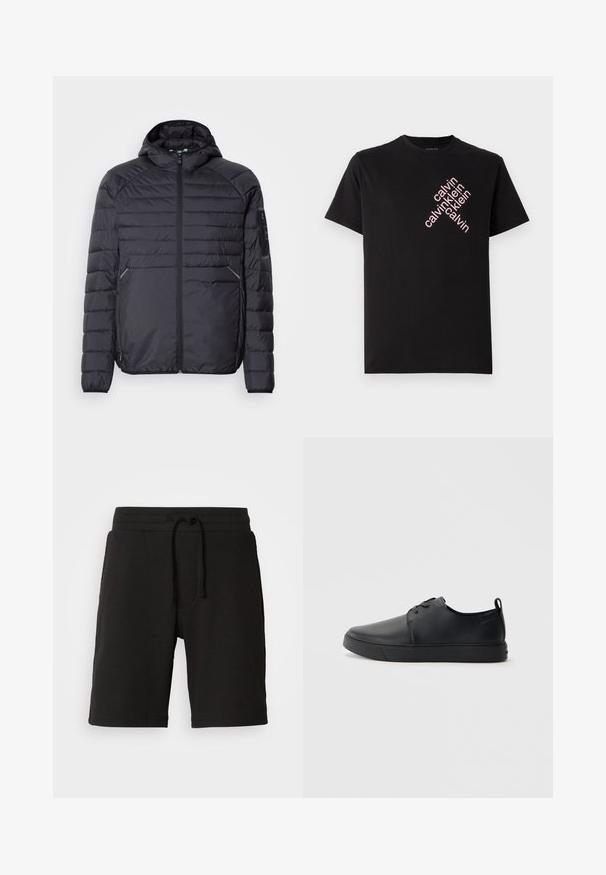 Black puffer jacket with a zip closure, hood, and ribbed cuffs. Features a paneled design and side pockets, made from lightweight synthetic material.; Black cotton T-shirt featuring a diagonal pink "calvin klein" logo print on the front. Short sleeves and rounded neckline.; Black knit shorts with a textured fabric, an elastic waistband, adjustable drawstring, and side pockets. Length falls above the knee.; Black leather sneaker with a smooth finish, rounded toe, tonal stitching, lace-up front, and a flat rubber sole. Loop at the heel.