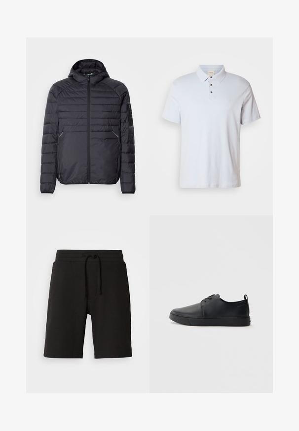 Fekete puffertakó kabát cipzárral, kapucnival és bordázott mandzsettákkal. Paneles kialakítással és oldalzsebekkel rendelkezik, könnyű szintetikus anyagból készült.; világoskék pamut póló, három gombos kivágással, hajtott gallérral, rövid ujjakkal és egy kis logóval a mellkason.; Fekete kötött rövidnadrág texturált anyagból, rugalmas derékrésszel, állítható zsinórral és oldalsó zsebekkel. Hossza a térd fölött ér véget.; Fekete bőr sportcipő sima felülettel, lekerekített orral, azonos színű varrással, fűzős elülső résszel és lapos gumitalppal. Hurok a sarkán.