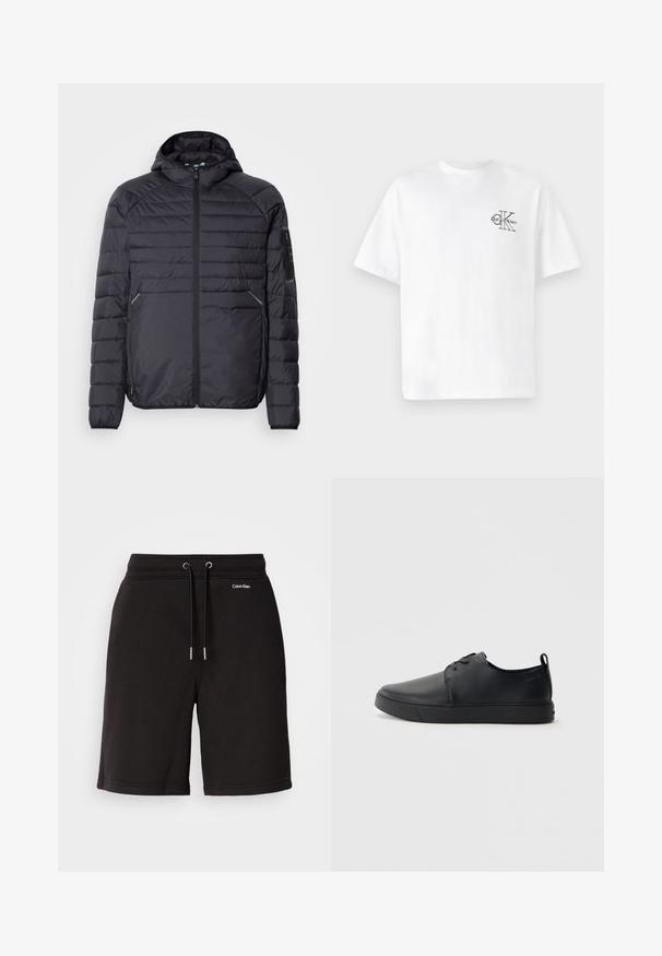 Fekete puffertakó kabát cipzárral, kapucnival és bordázott mandzsettákkal. Paneles kialakítással és oldalzsebekkel rendelkezik, könnyű szintetikus anyagból készült.; Fehér pamut póló rövid ujjakkal, kerek nyakkal, a bal mellkas részen fekete CK logóval, normál szabású, sima tapintású.; Fekete pamut rövidnadrág húzózsinórral, ezüst színű hardverelemekkel. Fehér színű logóval díszítve, sima textúrával és laza szabással rendelkeznek.; Fekete bőr sportcipő sima felülettel, lekerekített orral, azonos színű varrással, fűzős elülső résszel és lapos gumitalppal. Hurok a sarkán.