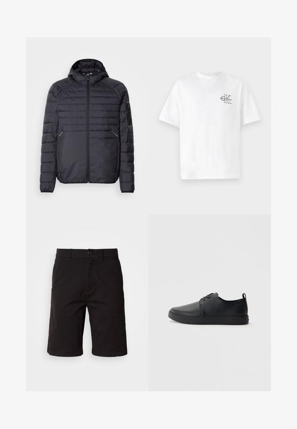 Black puffer jacket with a zip closure, hood, and ribbed cuffs. Features a paneled design and side pockets, made from lightweight synthetic material.; White cotton t-shirt with short sleeves, crew neck, featuring a black CK logo on the left chest area, standard fit, smooth texture.; Black shorts made of a lightweight fabric, featuring a button front, belt loops, side pockets, and a straight cut with rolled hems.; Black leather sneaker with a smooth finish, rounded toe, tonal stitching, lace-up front, and a flat rubber sole. Loop at the heel.