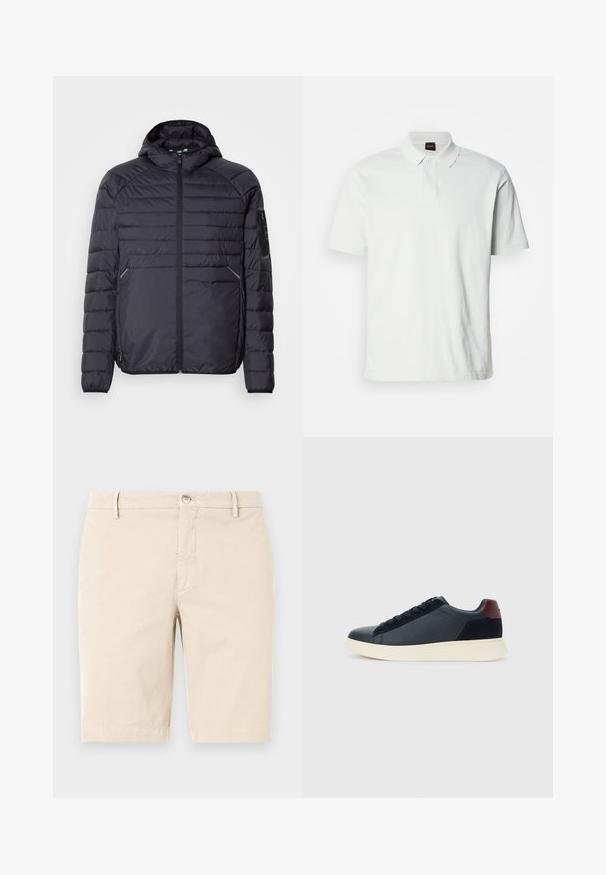 Černá péřová bunda s oboustranným zipem, kapucí a žebrovanými manžetami. Má panelový design a boční kapsy, vyrobena je z lehkého syntetického materiálu.; Bílá polo košile z bavlny s klasickým límečkem, dvěma knoflíky a decentním logem značky vyšitým na přední straně. Krátké rukávy.; Bežové bavlněné šortky s plochým předním dílem, zapínáním na zip a knoflík, a bočními kapsami. Hladká textura a délka do kolen.; Nízké pánské tenisky z černé kůže a semiše s vínovým patním páskem a bílou gumovou podrážkou, pohled z vnější strany.