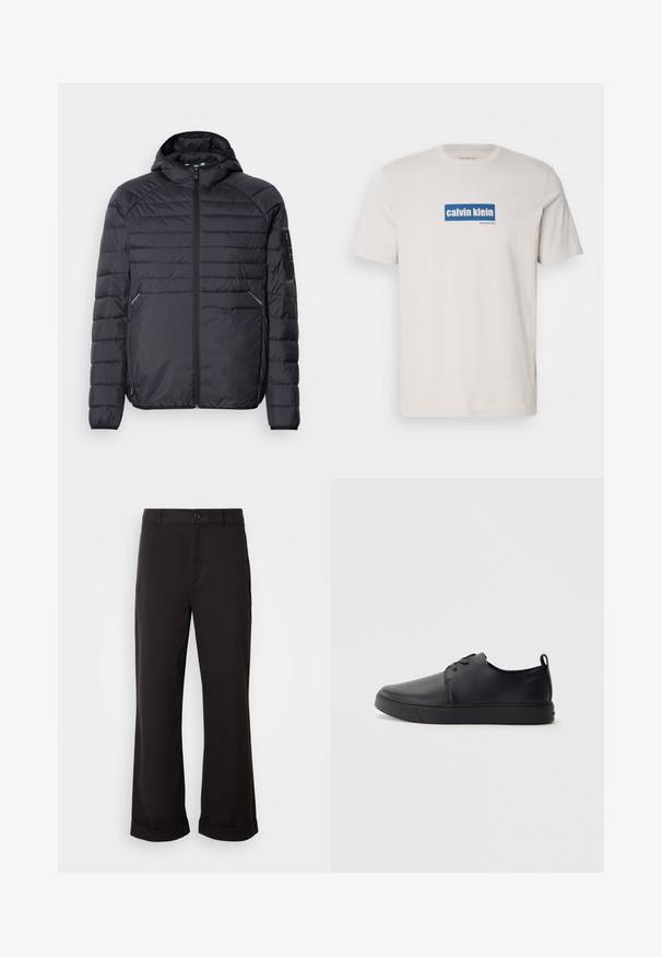 Svart puffjakke med glidelås, hette og ribbestrikkede mansjetter. Den har et paneloppsett og sidelommer, laget av lett syntetisk materiale.; Hvit bomull T-skjorte med en blå rektangulær logo med "calvin klein" og "new york city" i hvit tekst på forsiden. Klassisk passform.; Sorte bukser med rett passform, laget av lett stoff. Har klassisk knappelukking og rullet mansjett ved sømmen.; Svart lær sneakers med glatt overflate, rund tå, tonede sømmer, snøring foran og flat gummisåle. Løkke på hælen.