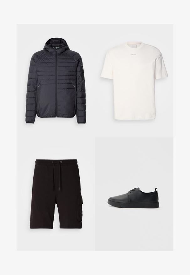 Black puffer jacket with a zip closure, hood, and ribbed cuffs. Features a paneled design and side pockets, made from lightweight synthetic material.; White cotton T-shirt featuring a round neck, short sleeves, and embroidered "Calvin Klein" logo at the chest center. Plain design.; Black cotton cargo shorts featuring an adjustable drawstring waistband, side pockets, and a relaxed fit design.; Black leather sneaker with a smooth finish, rounded toe, tonal stitching, lace-up front, and a flat rubber sole. Loop at the heel.