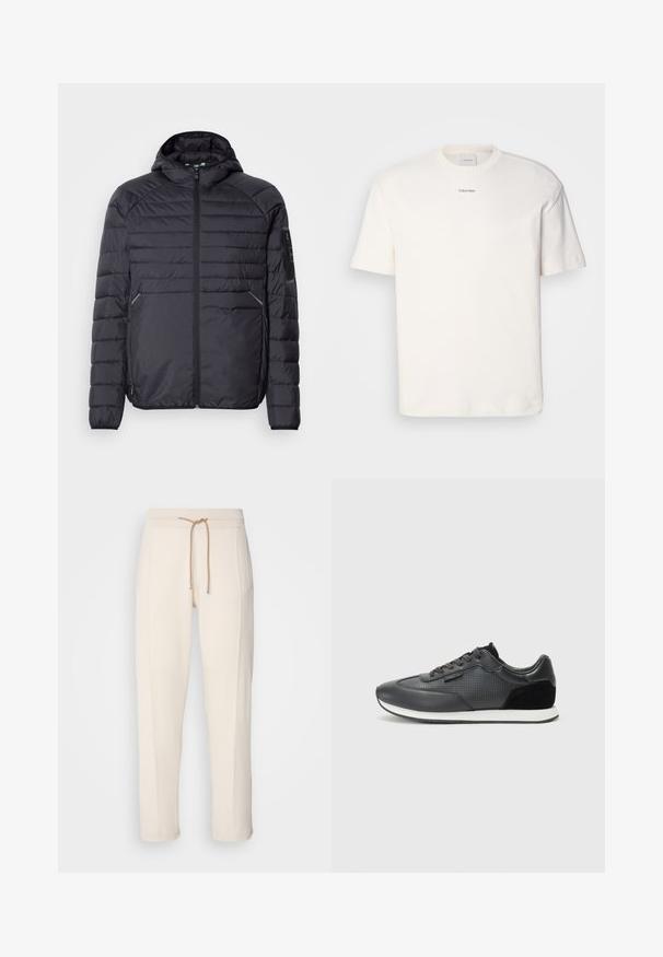 Black puffer jacket with a zip closure, hood, and ribbed cuffs. Features a paneled design and side pockets, made from lightweight synthetic material.; White cotton T-shirt featuring a round neck, short sleeves, and embroidered "Calvin Klein" logo at the chest center. Plain design.; BOSS DONETTO - Tracksuit bottoms - open white; Black athletic sneakers featuring a leather upper with perforated detailing, suede accents, and a white rubber sole. Classic lace-up design.