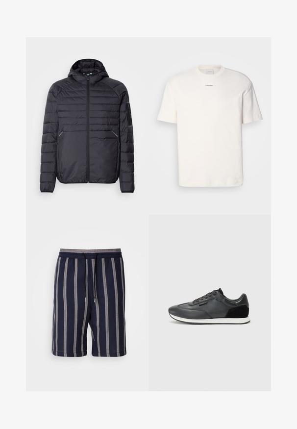 Juoda pūkinė striukė su užtrauktuku, gaubtu ir raukšlėtomis rankogaliais. Yra skyrių dizainas ir šoninės kišenės, pagaminta iš lengvos sintetinės medžiagos.; Balta medvilninė marškinėlių suapvalintu kaklu, trumpomis rankovėmis ir siuvinėtu "Calvin Klein" logotipu krūtinės centre. Paprastas dizainas.; Tamsiai mėlyni šortai su vertikaliomis šviesiai pilkomis juostelėmis, elastinga juosta su raišteliu, iki kelių, pagaminti iš tekstūruotos medžiagos.; Juoda sportinė avalynė su oda viršutine dalimi, perforuotais akcentais, zomšiniais akcentais ir balta guma pagrindu. Klasikinis raištelių užsegimas.