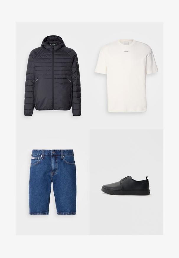 Black puffer jacket with a zip closure, hood, and ribbed cuffs. Features a paneled design and side pockets, made from lightweight synthetic material.; White cotton T-shirt featuring a round neck, short sleeves, and embroidered "Calvin Klein" logo at the chest center. Plain design.; Denim shorts in dark blue, featuring a classic five-pocket design, visible stitching accents, and a straight fit with a knee-length cut.; Black leather sneaker with a smooth finish, rounded toe, tonal stitching, lace-up front, and a flat rubber sole. Loop at the heel.