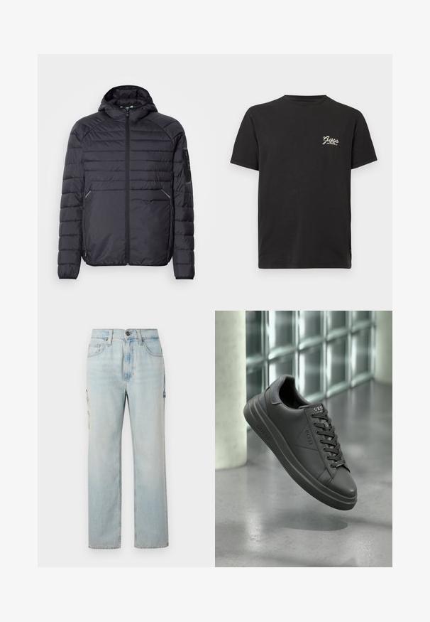 Svart puffjakke med glidelås, hette og ribbestrikkede mansjetter. Den har et paneloppsett og sidelommer, laget av lett syntetisk materiale.; Svart bomull t-skjorte med rund hals og korte ermer. Har hvit "Guess" logo på venstre brystområde. Klassisk rett snitt.; Lyseblå denim cargobukser med rette ben, to sidelommer og knappelukking. Subtil falming gir et strukturert utseende.; Sorte lærersneakers med en glatt overflate, med avrundet tå, teksturerte detaljer og snøring. Logo vises på tungen.