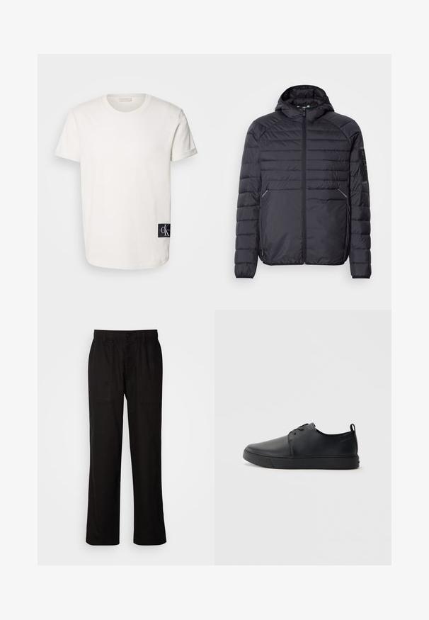 Juoda pūkinė striukė su užtrauktuku, gaubtu ir raukšlėtomis rankogaliais. Yra skyrių dizainas ir šoninės kišenės, pagaminta iš lengvos sintetinės medžiagos.; Baltos medvilnės marškinėliai su apvaliu iškirpimu ir trumpomis rankovėmis, su juodu logotipo užsegimu apatinėje kairėje pusėje. Lygi tekstūra ir tiesus kirpimas.; Juodos kelnės su laisvu siluetu, pagamintos iš lengvos medžiagos. Yra elastingas juosmuo, mygtuko užsegimas ir dvi priekinės kišenės.; Juodos odinės sportinės bateliai su lygiu paviršium, suapvalinta nosimi, toniniais siūlais, raištelių užsegimu priekyje ir plokščiu guminiu padu. Kilpelė ant kulno.