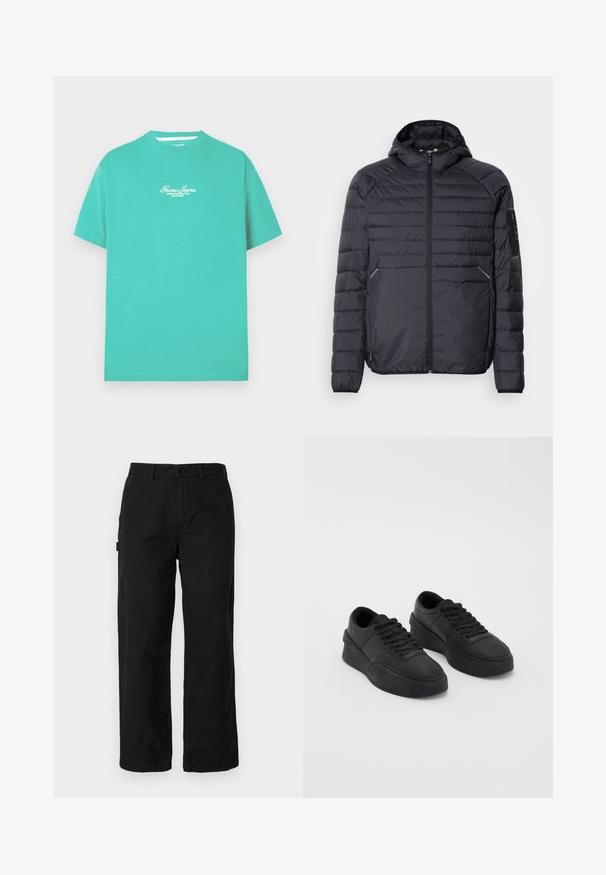Juoda pūkinė striukė su užtrauktuku, gaubtu ir raukšlėtomis rankogaliais. Yra skyrių dizainas ir šoninės kišenės, pagaminta iš lengvos sintetinės medžiagos.; Žydrai žalia medvilninė marškinėliai su apvalia apykakle ir trumpomis rankovėmis. Ant krūtinės yra siuvinėtas baltas logotipas. Lygus, lengvas audinys.; Juodos medvilnės cargo kelnės su tiesiomis kojomis, turinčios šonines kišenes ir priekinį mygtuko užsegimą. Patvari medžiaga su lygiu tekstūru.; Juodi sportbačiai, pagaminti iš lygaus odos, su paminkštintu padu. Ypatybės: plokščios raišteliai, perforacijos ant pirštų srities ir elegantiška siluetas.