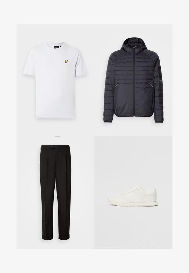 Czarna kurtka puchowa z zapięciem na zamek, kapturem i ściągaczami przy mankietach. Oferuje panelowy design oraz boczne kieszenie, wykonana z lekkiego syntetycznego materiału.; Biała koszulka z krótkim rękawem wykonana z bawełny, z małym żółtym haftowanym logo na piersi, okrągłym dekoltem i klasycznym krojem.; Czarne spodnie o gładkiej fakturze, charakteryzujące się prostym krojem, dwoma przednimi kieszeniami oraz pojedynczym zapięciem na guzik w talii.; Białe trampki z siateczkową i syntetyczną cholewką, okrągłym noskiem, płaskimi sznurowadłami oraz teksturowanym paskiem bocznym. Gumowa podeszwa z pętelką z tyłu.