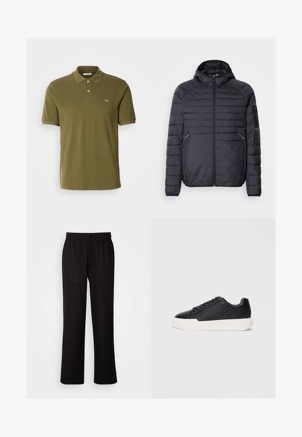 Geacă puf din material negru, cu închidere cu fermoar, glugă și mansete ribbed. Prezintă un design în panouri și buzunare laterale, fiind fabricată dintr-un material sintetic ușor.; Tricou polo verde măsliniu din bumbac, cu guler cu trei butoane, mâneci scurte și un logo brodat pe partea stângă a pieptului.; Pantaloni negri cu o croială lejeră, realizați dintr-un material ușor. Dispun de un tiv elastico, închidere cu nasture și două buzunare frontale.; Adidași negri cu textură geometrică pe lateral, vârf neted și talpă din cauciuc albă. Prezintă șireturi rotunde și un design low-top.