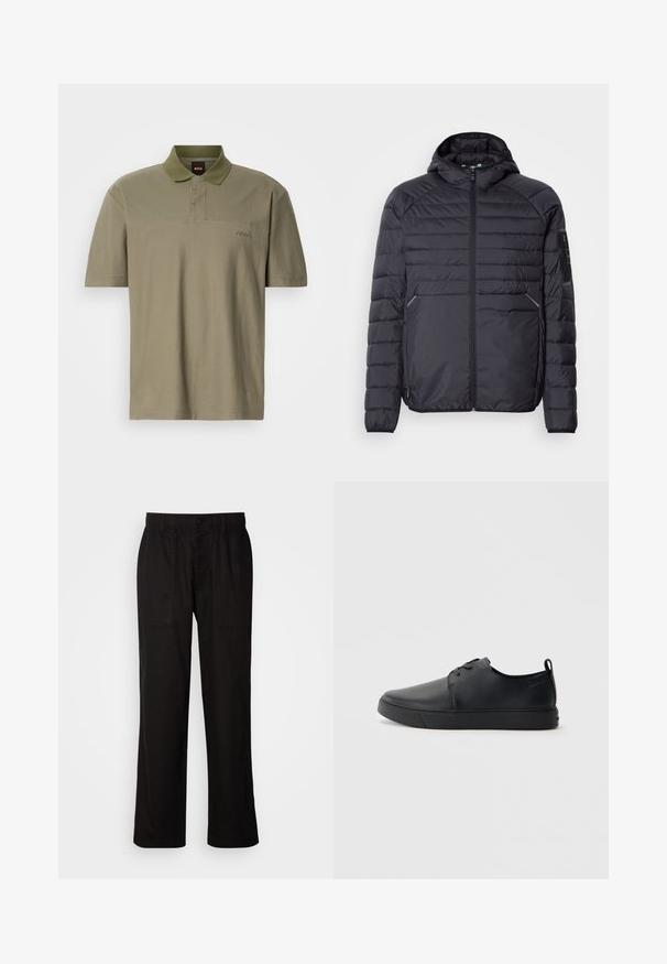 Musternäidisega must puhvjakas, millel on tõmblukk, kapuuts ja soonilised mansetid. Omab paneelstruktuuri ja küljetaskuid, valmistatud kergest sünteetilisest materjalist.; Olive rohelise värvi polo särk, lühikeste varrukatega, krae disain, peen tekstuur, vasakul pool väikese tikandina "BOSS" logo.; Mustad lõdva istuvusega mustad püksid, mis on valmistatud kergest kangast. Omavad elastset vöökohta, nööbiga sulgemist ja kahte esist taskut.; Mustaläik nahast spordijalatsid siledaga viimistlusega, ümarate varvastega, sama tooni õmblustega, nööbid ees, ja lamedate kummist tallaga. Kannas aas.