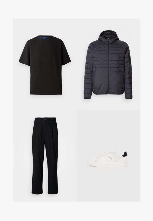 Geacă puf din material negru, cu închidere cu fermoar, glugă și mansete ribbed. Prezintă un design în panouri și buzunare laterale, fiind fabricată dintr-un material sintetic ușor.; Tricou negru cu mâneci scurte, guler rotund, fabricat dintr-un material ribbed. Prezintă o croială relaxată și o etichetă subtilă de brand albastră în interiorul gulerului.; Pantaloni negri cu croială dreaptă, cu talie cu nasturi, bucle pentru curea și cute pe față, prezentati pe un fundal alb simplu.; Tenesi albi cu detalii roz deschis și negre, având panouri din piele netedă și suede, vârf rotund și talpă plată din cauciuc.