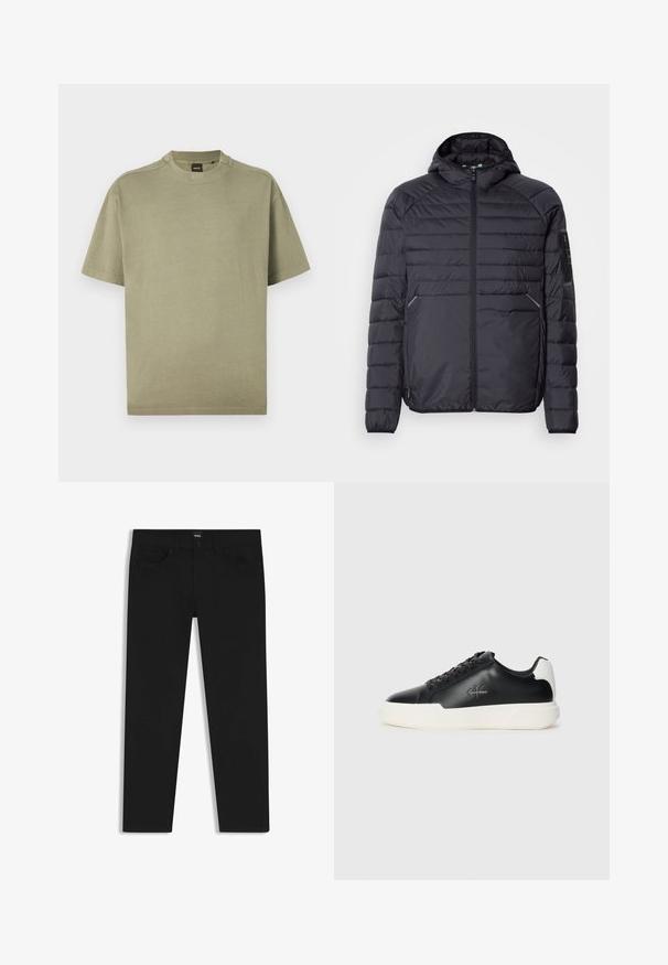 Svart puffjacka med dragkedja, huva och ribbade ärmslut. Har ett paneldesign och sidofickor, tillverkad av lätt syntetiskt material.; Olivgrön kortärmad T-shirt i mjuk bomull med rund halsringning och en enkel design, med en diskret logotyp vid halsringningen.; Svarta denimbyxor med rak passform, med en standard midja, fem fickor och knäppning med knapp. Slät yta genomgående.; Svarta lädersneakers med vit gummisul. Har rund tå, snörningsdesign och logodetalj på sidan. Bakre accent i vitt.