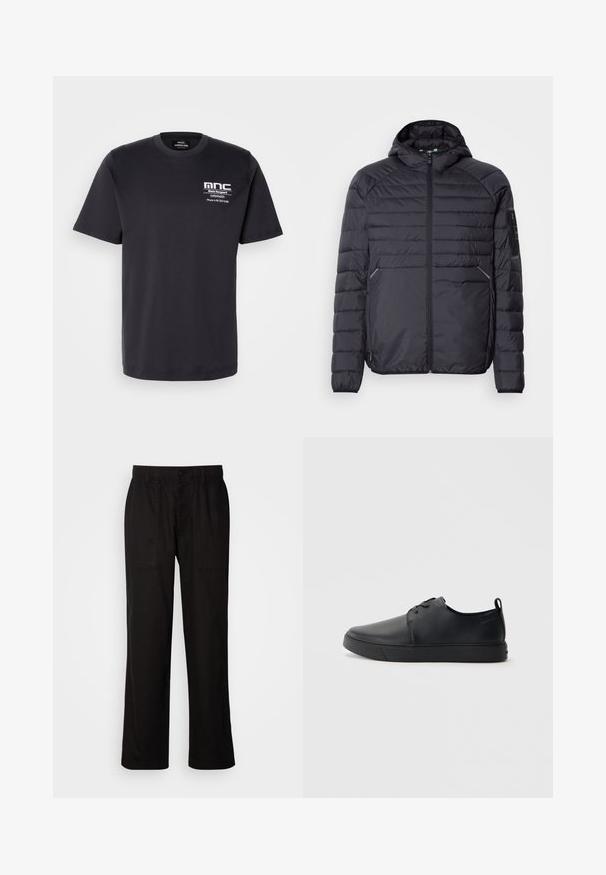 Juoda pūkinė striukė su užtrauktuku, gaubtu ir raukšlėtomis rankogaliais. Yra skyrių dizainas ir šoninės kišenės, pagaminta iš lengvos sintetinės medžiagos.; Juoda medvilninė marškinėliai trumpomis rankovėmis, apvaliu iškirpimu ir krūtinėje spausdinta "mnc" su kontaktiniais duomenimis balta spalva. Klasikinio kirpimo dizainas.; Juodos kelnės su laisvu siluetu, pagamintos iš lengvos medžiagos. Yra elastingas juosmuo, mygtuko užsegimas ir dvi priekinės kišenės.; Juodos odinės sportinės bateliai su lygiu paviršium, suapvalinta nosimi, toniniais siūlais, raištelių užsegimu priekyje ir plokščiu guminiu padu. Kilpelė ant kulno.
