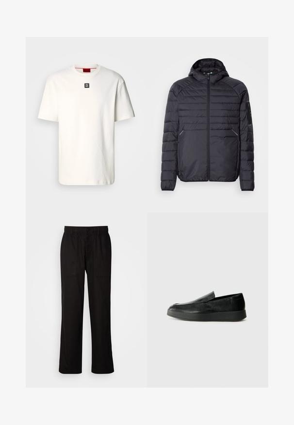 Czarna kurtka puchowa z zapięciem na zamek, kapturem i ściągaczami przy mankietach. Oferuje panelowy design oraz boczne kieszenie, wykonana z lekkiego syntetycznego materiału.; Biała bawełniana koszulka z okrągłym dekoltem, krótkimi rękawami i małym czarnym kwadratowym logo z napisem "HUGO" na piersi. Prosty design, miękka faktura.; Czarne spodnie o luźnym kroju, wykonane z lekkiego materiału. Posiadają elastyczny pasek w talii, zapięcie na guzik oraz dwie przednie kieszenie.; Calvin Klein HYBRID CUP czarny
