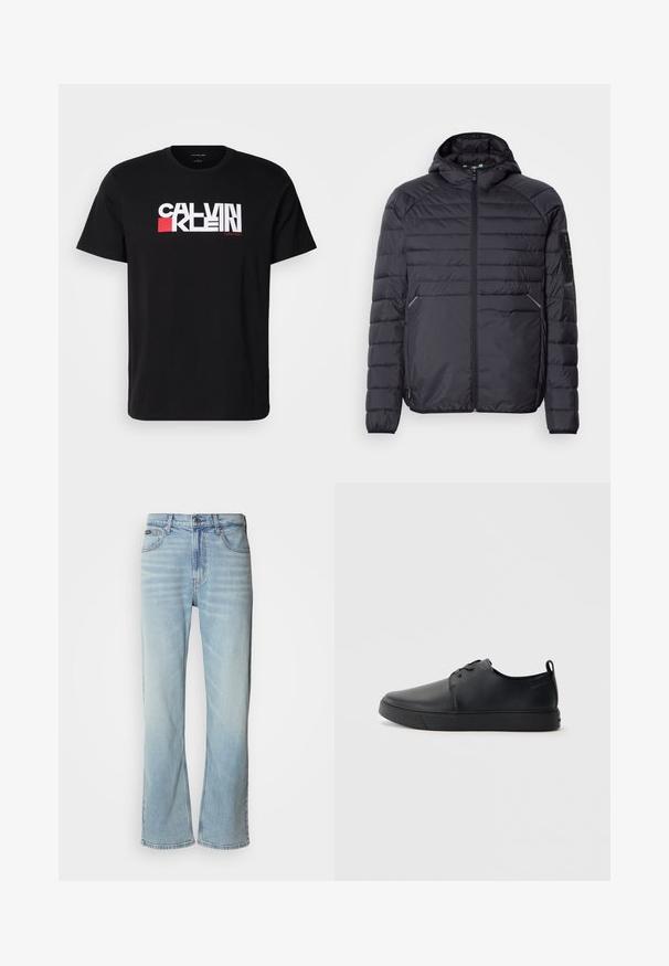 Black puffer jacket with a zip closure, hood, and ribbed cuffs. Features a paneled design and side pockets, made from lightweight synthetic material.; Black cotton t-shirt featuring bold white and red "CALVIN KLEIN" logo across the chest. Short sleeves and crew neck design.; Light blue denim jeans with a straight-leg cut, featuring five pockets, a button closure, and subtle fading on the fabric.; Black leather sneaker with a smooth finish, rounded toe, tonal stitching, lace-up front, and a flat rubber sole. Loop at the heel.