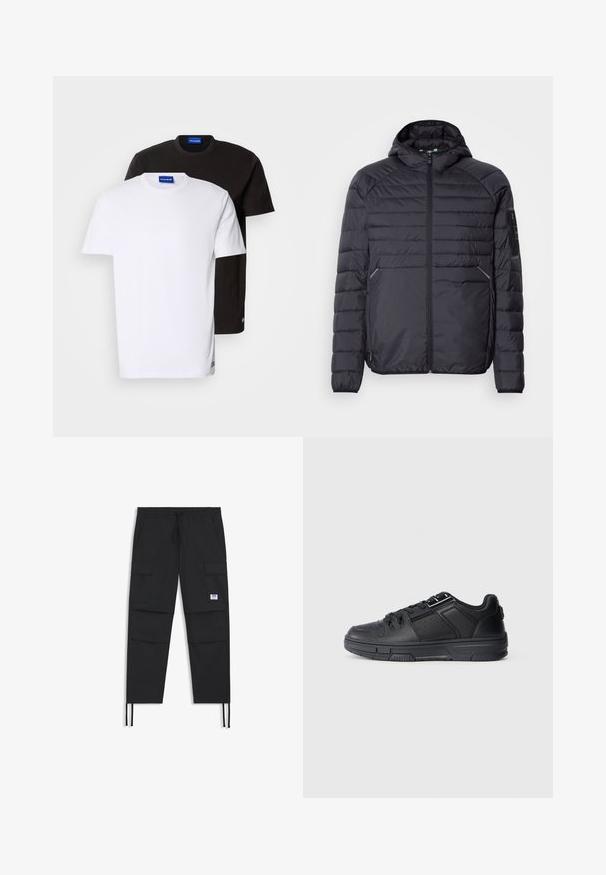 Geacă puf din material negru, cu închidere cu fermoar, glugă și mansete ribbed. Prezintă un design în panouri și buzunare laterale, fiind fabricată dintr-un material sintetic ușor.; Două tricouri stivuite: unul alb și unul negru. Mâneci scurte, gât rotund, din material din bumbac. Prezintă un mic logo albastru la gât.; Pantaloni cargo negri cu talie ajustabilă, multiple buzunare, manșete elastice și o pătrățică logo subtilă. Realizați dintr-un material ușor.; Pantofii sport negri prezintă un upper din piele netedă, cu accente texturate, detalii perforate și o talpă din cauciuc cu un profil plat.