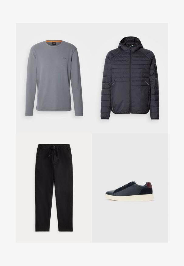 Svart puffjakke med glidelås, hette og ribbestrikkede mansjetter. Den har et paneloppsett og sidelommer, laget av lett syntetisk materiale.; BOSS TEMPESTO - Topper langermet - dark grey; Svart bukser i en avslappet stil med elastisk midje, snøring, frontlås og sidelommer, presentert mot en enkel bakgrunn.; Lave herresko i sort læder og ruskind med maroon hælflap og hvid gummisål, set fra ydersiden.