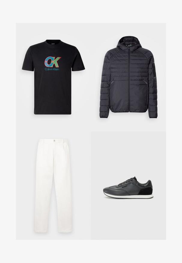 Casaco puffer preto com fecho zip, capuz e punhos canelados. Apresenta um design em painéis e bolsos laterais, feito de material sintético leve.; T-shirt de algodão preto com um logótipo "OK" multicolorido e texto "Calvin Klein", gola redonda e mangas curtas.; Calças brancas feitas de um tecido suave, com um design de perna reta, pregas frontais e um fecho de botão único na cintura.; Sapatilhas atléticas negras com parte superior em couro com detalhes perfurados, acabamentos em camurça e sola de borracha branca. Design clássico com atacadores.