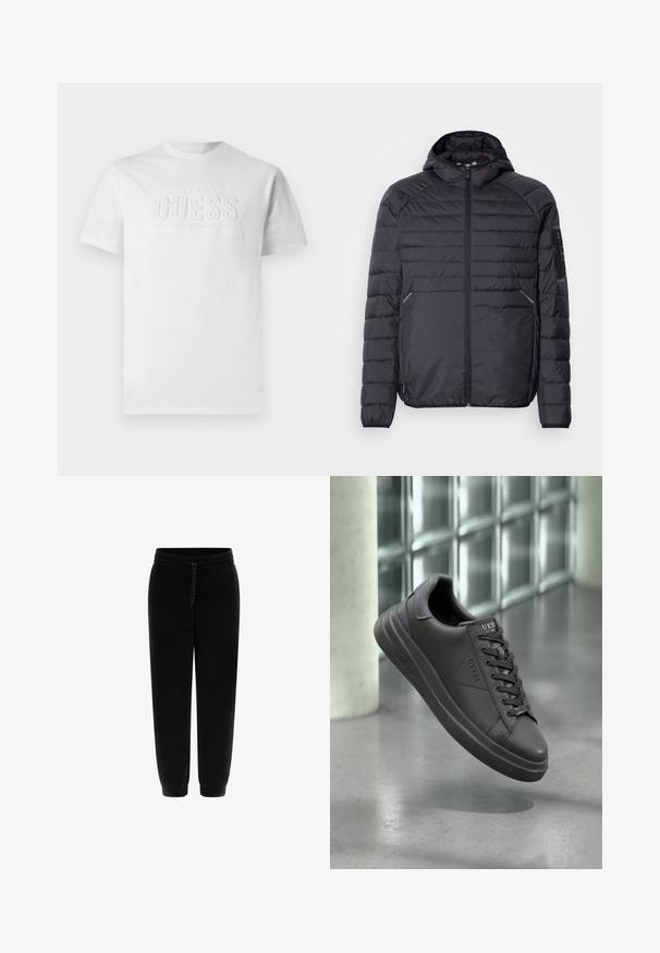 Crna puffer jakna sa zatvaračem, kapuljačom i rebrastim manžetama. Ima panele i bočne džepove, izrađena je od laganog sintetičkog materijala.; Bijela pamučna majica s okruglim izrezom, s teksturiranim logotipom u središtu koji glasi "GUESS EST. 1981 KLASIČNI AMERIČKI STIL."; Crne trenirke s glatkom teksturom, elastičnim pojasom, podesivim vezicom i suženim gležnjevima. Imaju suptilan detalj s logom.; Crne kožne tenisice s glatkim umakom, s zaobljenim vrhom, teksturiranim detaljima i dizajnom na vezanje. Logotip prikazan na jeziku.