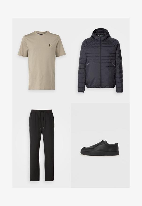 Fekete puffertakó kabát cipzárral, kapucnival és bordázott mandzsettákkal. Paneles kialakítással és oldalzsebekkel rendelkezik, könnyű szintetikus anyagból készült.; Lyle & Scott Basic póló - sage; Fekete sportcipő nadrág könnyű anyagból, rugalmas derékkal, állítható húzózsinórral és oldalsó zsebekkel. Sima textúra.; Fekete bőr slip-on cipő lekerekített orral, varrott részletekkel és fekete gumitalppal. Simaság és minimalista dizájn jellemzi.