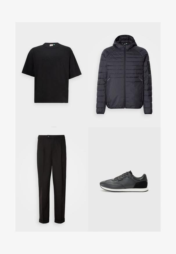 Juoda pūkinė striukė su užtrauktuku, gaubtu ir raukšlėtomis rankogaliais. Yra skyrių dizainas ir šoninės kišenės, pagaminta iš lengvos sintetinės medžiagos.; Juoda medvilnė T-marškiniai su apvalia iškirpte ir trumpomis rankovėmis. Pirmoje pusėje yra reljefinis užrašas "GUESS ORIGINALS". Paprasta, laisva danga.; Juodos kelnės su lygiu paviršiumi, tiesaus kirpimo, su dviem priekinių kišenių ir vieno mygtuko uždarymu juosmenyje.; Juoda sportinė avalynė su oda viršutine dalimi, perforuotais akcentais, zomšiniais akcentais ir balta guma pagrindu. Klasikinis raištelių užsegimas.