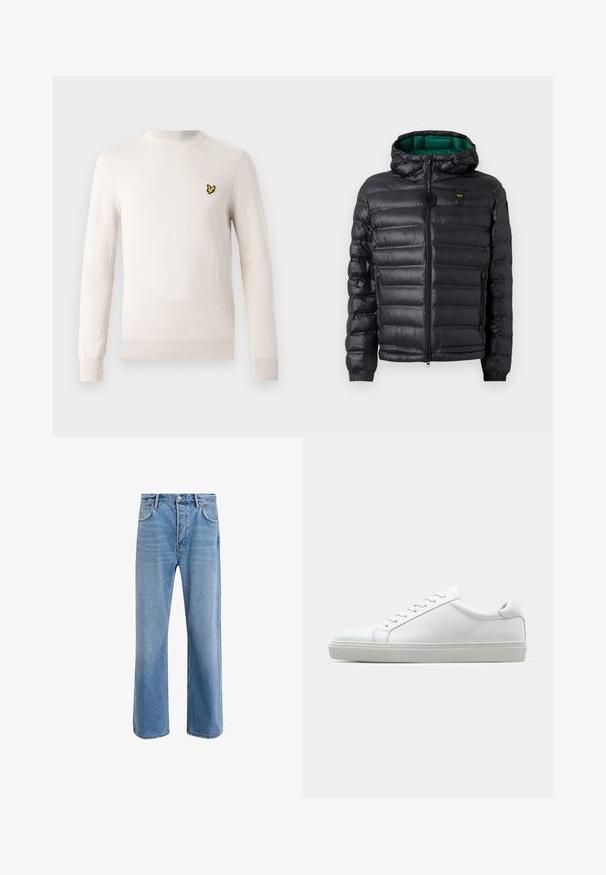 Black padded jacket with a hood, featuring a glossy finish, green lining, zip closure, and elastic cuffs. Includes branded logo on chest.; Light beige sweater with long sleeves, crew neckline, and ribbed hem. Features a small black and yellow embroidered logo on the chest.; Light blue denim jeans with a straight-leg design, five pockets, button closure, minimal fading, and contrasting stitching details.; White sneaker with a smooth leather upper and a low profile. Features a rounded toe, six eyelets, and a textured rubber sole.