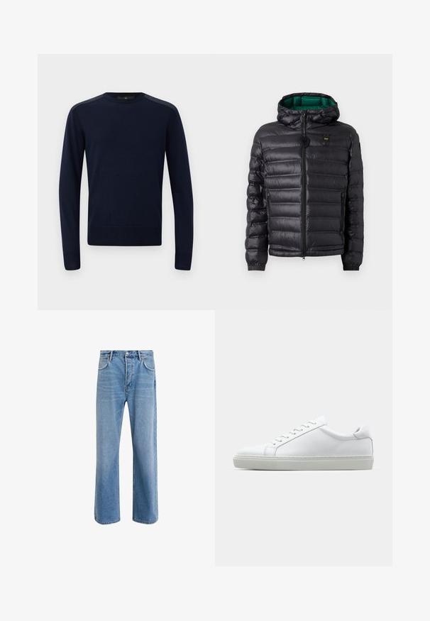 Černá prošívaná bunda s kapucí, lesklým povrchem, zelenou podšívkou, zapínáním na zip a elastickými manžetami. Obsahuje značkové logo na hrudi.; Tmavě modrý pletený svetr s dlouhými rukávy, kulatým výstřihem a žebrovanými manžetami. Má texturované akcenty na ramenech a přiléhavou siluetu.; Světle modré džínové kalhoty s rovnými nohavicemi, pěti kapsami, zapínáním na knoflík, minimálním vyblednutím a kontrastním prošitím.; Bílé tenisky s hladkým koženým svrškem a nízkým profilem. Mají zaoblenou špičku, šest nýtů a texturovanou gumovou podrážku.