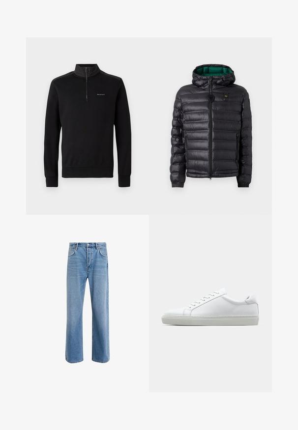 Black padded jacket with a hood, featuring a glossy finish, green lining, zip closure, and elastic cuffs. Includes branded logo on chest.; Black sweatshirt with a half-zip collar, long sleeves, and a logo on the chest. Features a smooth texture and fitted cuffs.; Light blue denim jeans with a straight-leg design, five pockets, button closure, minimal fading, and contrasting stitching details.; White sneaker with a smooth leather upper and a low profile. Features a rounded toe, six eyelets, and a textured rubber sole.