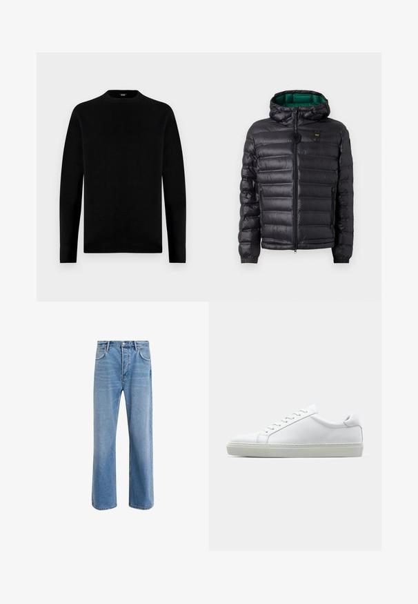 Black padded jacket with a hood, featuring a glossy finish, green lining, zip closure, and elastic cuffs. Includes branded logo on chest.; Black long-sleeve crew neck sweater with a simple, solid design and a small brand label inside the collar.; Light blue denim jeans with a straight-leg design, five pockets, button closure, minimal fading, and contrasting stitching details.; White sneaker with a smooth leather upper and a low profile. Features a rounded toe, six eyelets, and a textured rubber sole.