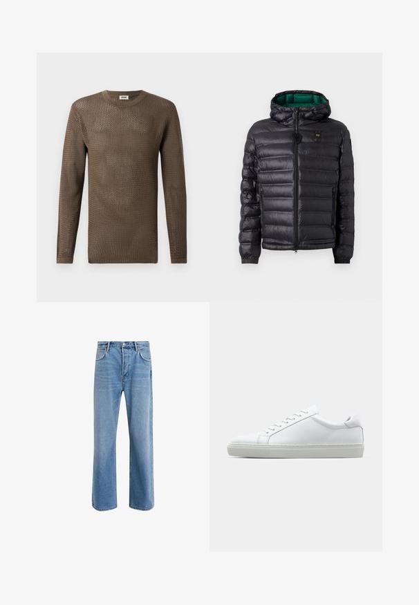 Musta toppatakki hupulla, jossa kiiltävä pinta, vihreä vuori, vetoketjusuljenta ja joustavat hihansuut. Rinnassa merkitty logo.; Ruskea, pitkähihaisen neulepuseron kanssa, jossa on teksturoitu, avonainen kudontamalli. Pyöreä kaula-aukko ja ribbireunat täydentävät muotoilua.; Vaaleansiniset farkut suoranlahkeisella muotoilulla, viisi taskua, nappisuljenta, vähäinen kuluminen ja kontrastiväriset ompeluyksityiskohdat.; Valkoinen tennari, jossa on sileä nahkapäällinen ja matala profiili. Ominaisuuksiin kuuluu pyöreä kärki, kuusi rei'itystä ja teksturoitu kumipohja.