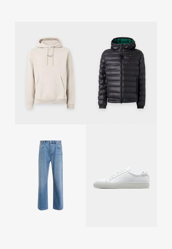 Czarna kurtka puchowa z pikowanym wzorem, kapturem i zielonym wnętrzem. Posiada centralny zamek błyskawiczny oraz logo na górnej części frontu.; Beżowa bluza z kapturem wykonana z miękkiego materiału, z kieszenią typu kangur, kapturem ze sznurkiem i małym czarnym logo na klatce piersiowej.; Jasnoniebieskie dżinsy o prostym kroju, pięć kieszeni, zapięcie na guzik, minimalne blaknięcia i kontrastowe wykończenia szwów.; Białe sneakersy z gładką skórzaną cholewką i niskim profilem. Posiadają okrągły nos, sześć dziurek na sznurówki oraz teksturowaną gumową podeszwę.