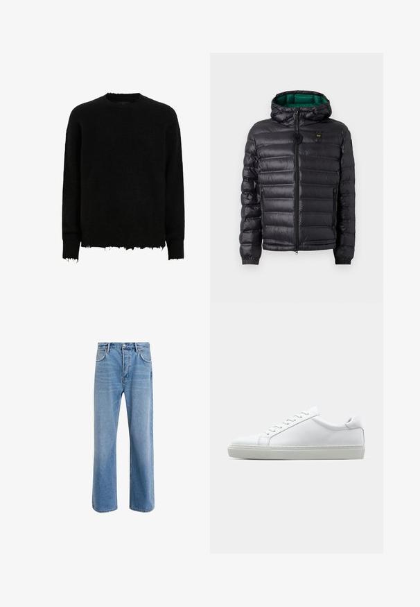 Geacă neagră matlasată cu glugă, cu finisaj lucios, căptușeală verde, închidere cu fermoar și manșete elastice. Include logo de marcă pe piept.; Pulover negru cu mâneci lungi și guler rotund, cu margini desfăcute la manșete și la tiv, realizat dintr-un material tricotat pufos.; Jeans din denim bleu deschis cu un design drept, cinci buzunare, închidere cu buton, decolorare minimă și detalii de cusătură în contrast.; Adidași albi cu o suprafață din piele netedă și un profil jos. Au un vârf rotunjit, șase orificii pentru șireturi și o talpă din cauciuc texturată.