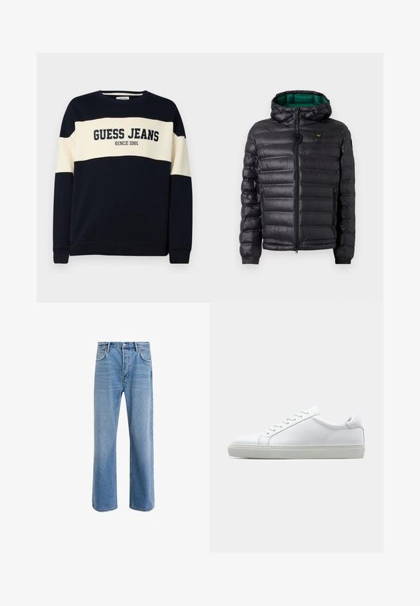 Svart vaddertejakke med hette, som har en blank finish, grønt fôr, glidelåslukking og elastiske mansjetter. Inkluderer merkevarelogo på brystet.; Marinegenser med beige horisontale striper, har teksten "GUESS JEANS" og detalj "SINCE 1981". Laget av mykt bomullsmateriale.; Lys blå denimjeans med rett ben-design, fem lommer, knappeåpning, minimal falming og kontrasterende sømdetaljer.; Hvit sneakers med en glatt skinnoverdel og lav profil. Har en rund tå, seks snøring hull, og en teksturert gummisåle.