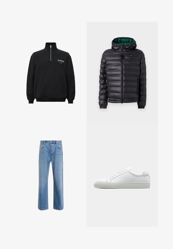 Chaqueta acolchada negra con capucha, acabado brillante, forro verde, cremallera y puños elásticos. Incluye logo de la marca en el pecho.; Sudadera negra con cuello alto y media cremallera, con texto blanco impreso en el lado izquierdo del pecho. Fabricada en algodón, de textura suave.; Jeans de mezclilla azul claro con un diseño de pierna recta, cinco bolsillos, cierre de botón, ligeramente desgastados y detalles de costura en contraste.; Zapatilla blanca con parte superior de cuero liso y perfil bajo. Presenta una puntera redondeada, seis ojales y una suela de goma texturizada.