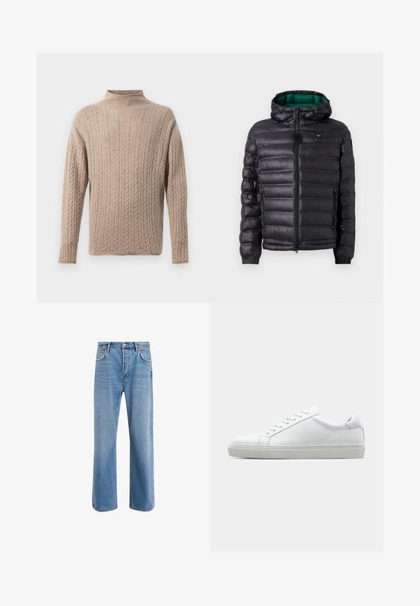 Czarna pikowana kurtka z kapturem, o błyszczącym wykończeniu, zielonym podszyciem, zamkiem błyskawicznym i elastycznymi mankietami. Na piersi znajduje się logo marki.; Beżowy sweter z dzianiny w warkocz, z wysokim kołnierzem, długimi rękawami, teksturowanym wzorem oraz prążkowanymi detalami na mankietach i dolnym brzegu. Miękki, wygodny materiał.; Jasnoniebieskie dżinsy o prostym kroju, pięć kieszeni, zapięcie na guzik, minimalne blaknięcia i kontrastowe wykończenia szwów.; Białe sneakersy z gładką skórzaną cholewką i niskim profilem. Posiadają okrągły nos, sześć dziurek na sznurówki oraz teksturowaną gumową podeszwę.