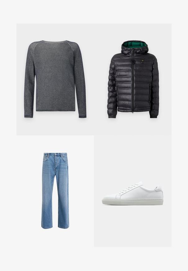 Schwarze gesteppte Jacke mit Kapuze, glänzendem Finish, grüner Innenfutter, Reißverschluss und elastischen Bündchen. Mit Markenlogo auf der Brust.; Langärmliger Navy-Pullover aus strukturiertem Strickstoff. Mit Rundhalsausschnitt und verstärkten Nähten an den Schultern.; Helle blaue Jeans im Geradeschnitt-Design, mit fünf Taschen, Knopfverschluss, minimaler Ausbleichung und kontrastierenden Nähdetails.; Weißer Sneaker mit glattem Lederobermaterial und niedrigem Profil. Verfügt über eine runde Zehenpartie, sechs Ösen und eine strukturierte Gummisohle.