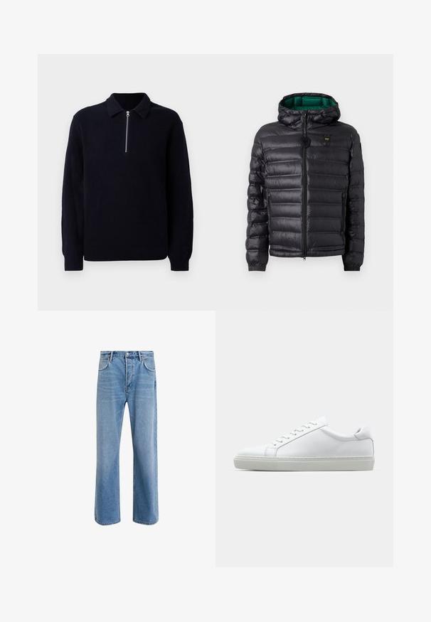 Black puffer jacket with a quilted design, hood, and green interior. Features a central zipper and logo detailing on the upper front.; Navy ribbed knit pullover with a zippered front, a classic collar, and long sleeves. Soft texture with a relaxed fit.; Light blue denim jeans with a straight-leg design, five pockets, button closure, minimal fading, and contrasting stitching details.; White sneaker with a smooth leather upper and a low profile. Features a rounded toe, six eyelets, and a textured rubber sole.
