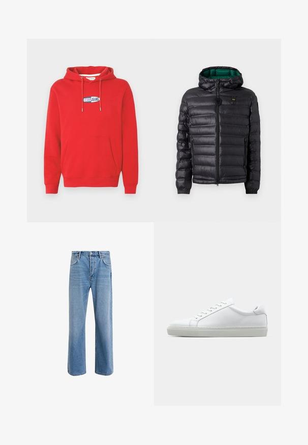 Črna podložena jakna s kapuco, z bleščečim zaključkom, zeleno podlogo, zadrgo in elastičnimi manšetami. Vključuje znamko logotipa na prsih.; Rdeča jopa z rdečo kapuco iz mehke tkanine, z žepom spredaj, kapuco z zavezovanjem ter modro-belim značilnim logotipom "GUESS JEANS" na prsih.; Svetlo modre denim kavbojke s ravno nogavico, petimi žepi, z gumbom za zapiranje, minimalnim zbledelostjo in kontrastnimi šivi.; Bela športna obutev z gladkim usnjenim zgornjim delom in nizkim profilom. Ima zaokrožen nos, šest lukenj za vezalke in teksturiran gumijast podplat.