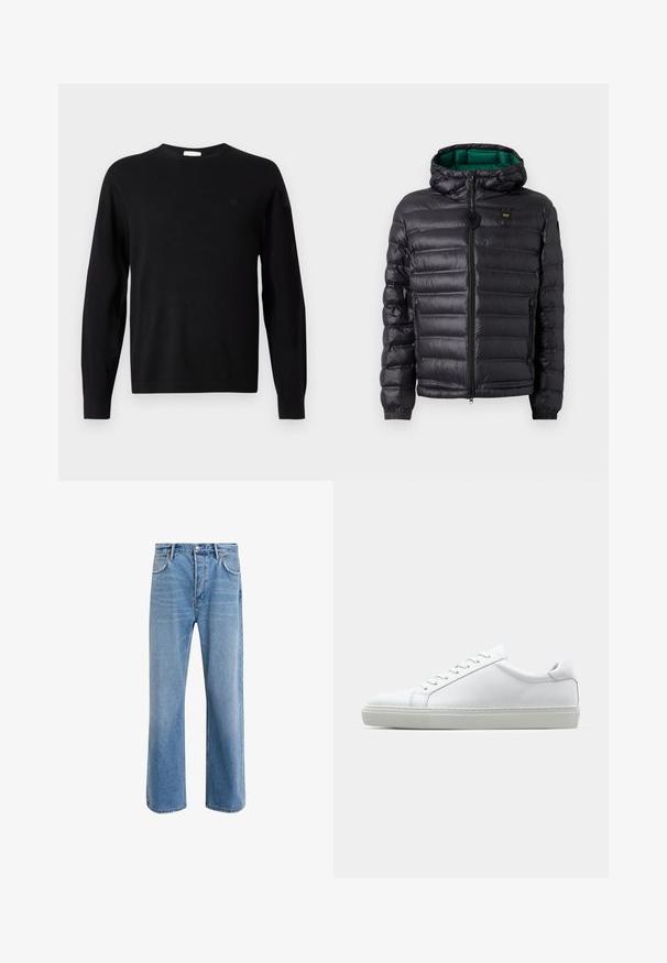 Schwarze gesteppte Jacke mit Kapuze, glänzendem Finish, grüner Innenfutter, Reißverschluss und elastischen Bündchen. Mit Markenlogo auf der Brust.; Schwarzer, langärmeliger Rundhals-Pullover mit dezentem "cK"-Logo auf der linken Brust, gerippte Bündchen und Saum, auf weißem Hintergrund präsentiert.; Helle blaue Jeans im Geradeschnitt-Design, mit fünf Taschen, Knopfverschluss, minimaler Ausbleichung und kontrastierenden Nähdetails.; Weißer Sneaker mit glattem Lederobermaterial und niedrigem Profil. Verfügt über eine runde Zehenpartie, sechs Ösen und eine strukturierte Gummisohle.