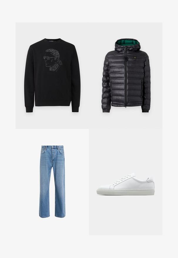 Czarna pikowana kurtka z kapturem, o błyszczącym wykończeniu, zielonym podszyciem, zamkiem błyskawicznym i elastycznymi mankietami. Na piersi znajduje się logo marki.; Czarny sweter z okrągłym dekoltem i długimi rękawami. Posiada geometryczny czarno-szary wzór portretu z przodu.; Jasnoniebieskie dżinsy o prostym kroju, pięć kieszeni, zapięcie na guzik, minimalne blaknięcia i kontrastowe wykończenia szwów.; Białe sneakersy z gładką skórzaną cholewką i niskim profilem. Posiadają okrągły nos, sześć dziurek na sznurówki oraz teksturowaną gumową podeszwę.