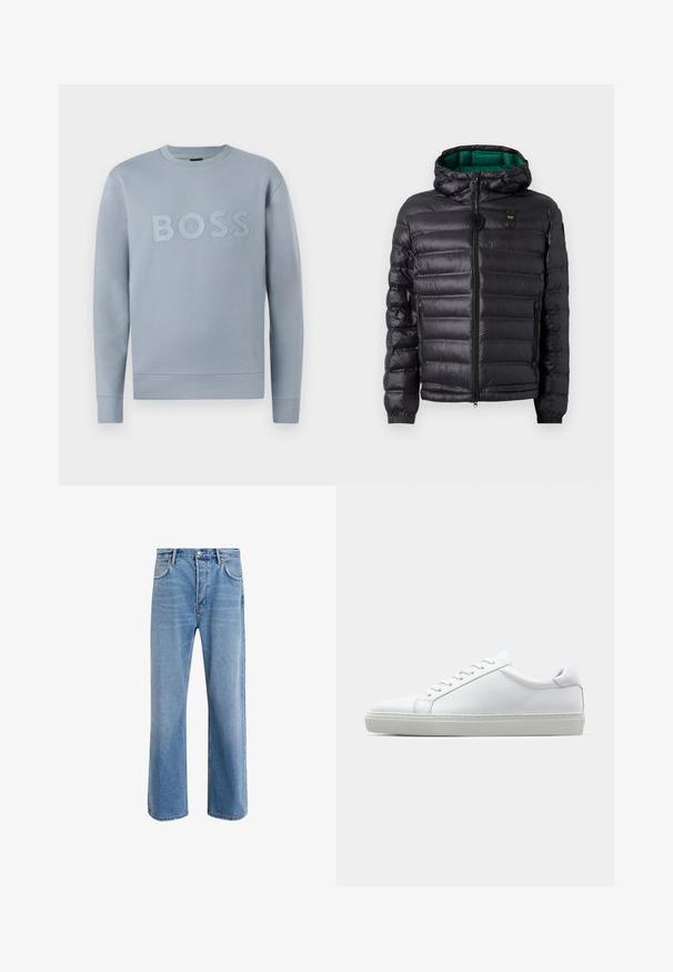 Fekete puffernadrág, steppelt mintával, kapucnival és zöld belső résszel. Középső cipzárral és logó részletekkel a felső elején.; Fénykék pulóver kerek nyakkal, hosszú ujjakkal és domború "BOSS" felirattal elől. Sima anyag texturált felülettel.; Világoskék farmernadrág, egyenes szárú fazonnal, öt zsebbel, gombos záródással, minimális kopással és kontrasztos varrással.; Fehér sportcipő sima bőr felső résszel és alacsony profilsal. Kerek orr, hat fűzőlyuk és barázdált gumitalp jellemzi.