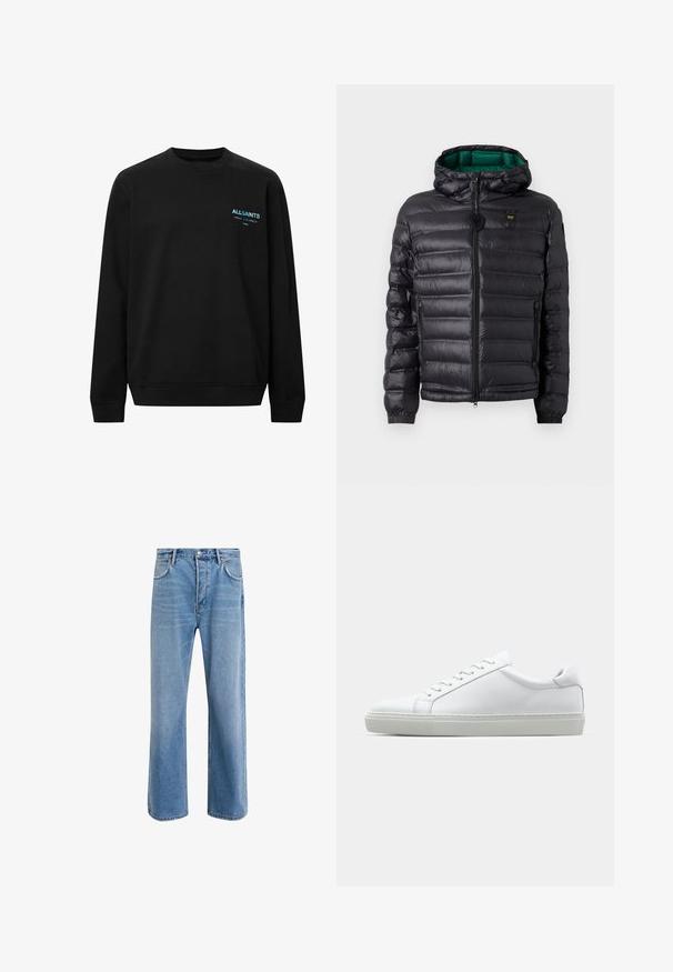Melnā polsterētā jaka ar kapuci, ar spīdīgu virsmu, zaļu odere, rāvējslēdzēja aizdare un elastīgi aproces. Uz krūtīm ir zīmolots logo.; Melnas kokvilnas džemperis ar apaļu kakla izgriezumu un garām piedurknēm. Priekšpusē ir mazs zils "AllSaints" logo.; Gai zilas džinsu bikses ar taisnām kājām, piecām kabatām, pogu aizvēršanu, minimālu izbalēšanu un kontrastējošiem šuvju elementiem.; Baltie sporta apavi ar gludu ādas virsu un zemu profilu. Iezīmējas ar noapaļotu purngalu, sešām acīm un teksturētu gumijas zoli.
